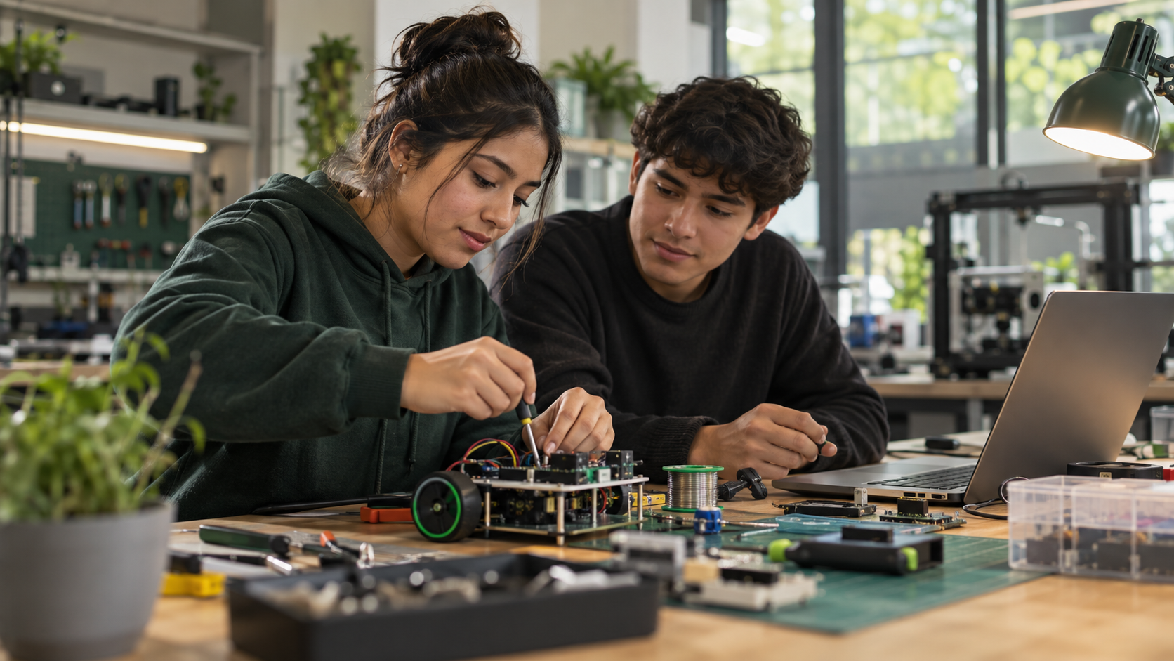 Estudiantes de EduCare trabajando en un prototipo electrónico